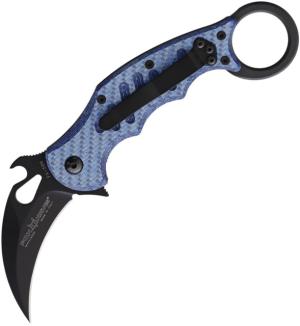 Fox Karambit Framelock Folding Knife, 2.5 black finish stainless karambit blade, Blue twill G10 handle, FX-599BLT