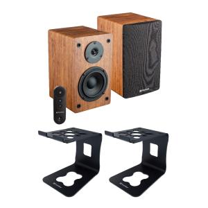 Knox Gear LP1 Powered Bookshelf Bluetooth Speakers (Pair) Bundle with Monitor Stands in Brown
