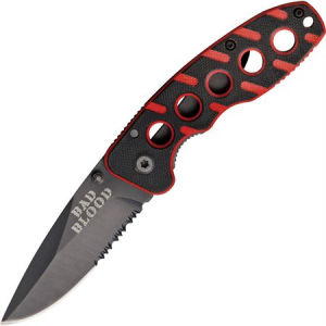 Bad Blood Knives 0110 Part Serrated Framelock Folding Pocket Knife with Black G-10 Front and Red Stripes Back Handle
