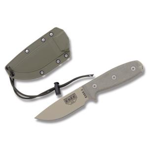 ESEE Knives ESEE-3P OD Green Micarta Handle with Tan Coated 1095 Carbon Steel 3.88” Drop Point Plain Edge Blade and Modified Pommel with OD Green MOLLE Back Molded Sheath Model ESEE-3PM-DT