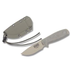 ESEE Knives ESEE-3S Micarta Handle with Tan Coated 1095 Carbon Steel 3.88” Drop Point Partly Serrated Edge Blade and Modified Pommel with OD Green MOLLE Back Molded Sheath Model ESEE-3SM-DT