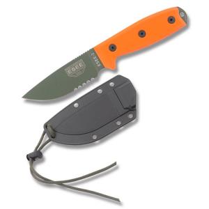 ESEE Knives ESEE-3S Orange G10 Handles with OD Green Coated 1095 Carbon Steel 3.88” Drop Point Partly Serrated Edge Blade and Modified Pommel with Black Molded Sheath Model ESEE-3SM-OD