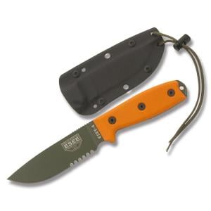 ESEE Knives ESEE-4 Orange Micarta Handle with Black Coated 1095 Carbon Steel 4.50" Drop Point Partly Serrated Edge Blade and Black Molded Sheath Model ESEE-4S-OD