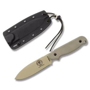 ESEE Knives Laser Strike with Tan Micarta Handles and Desert Tan Epoxy Coated 1095 Carbon Steel 4.75" Spear Point Plain Blade with Black Kydex Sheath Model ESLDT