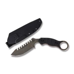 TOPS 10/27 Fixed Blade Knife with Black Rocky Mountain Tread G-10 Handle and Tactical Stone Coated 1095 Carbon Steel 4.50" Drop Point Plain Edge Blade and Black Kydex Sheath Model ELPN-X1