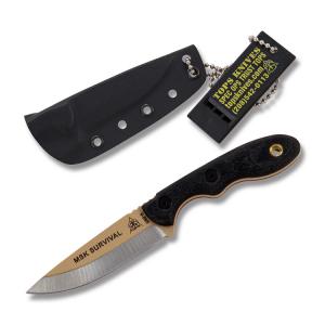 Tops Mini Scandi Survival Fixed Blade knife with Black Linen Micarta Handle and Coyote Tan Coated 1095 Carbon Steel 2875" with Drop Point Plain Edge Blade and Kydex Sheath Model MSK-SURV