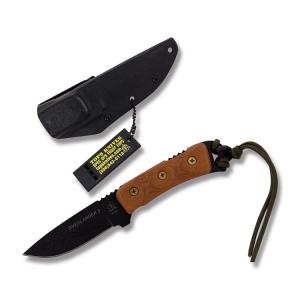 Tops Overlander 2 Fixed Blade Knife with Tan Micarta Handle and Black Traction Coated 1095 Carbon Steel 4" Drop Point Plain Edge Blade and Kydex Sheath Model OV78