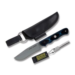 TOPS Spirit Hunter 2 with Blue and Black G-10 Handle and Gray Traction Coated 154CM Stainless Steel 4.625" Drop Point Plain Edge Blade and Black Leather Sheath Model SHR-02