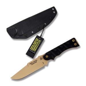 TOPS TEAM JACKAL SURVIVOR Fixed Blade with Black Rocky Mountain Tread G-10 Handle and Coyote Tan Coated 1095 Carbon Steel 5" Clip Point Plain Edge Blade and Kydex Sheath Model TMJK5S