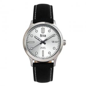 Reign Henry Automatic Canvas-Overlaid Leather-Band Watch w/Date, Silver - Men's, REIRN6201