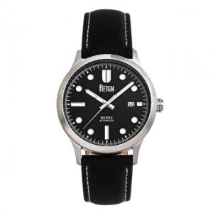 Reign Henry Automatic Canvas-Overlaid Leather-Band Watch w/Date, Black - Men's, REIRN6202