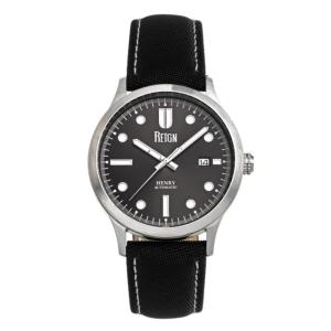Reign Henry Automatic Canvas-Overlaid Leather-Band Watch w/Date, Gunmetal - Men's, REIRN6203