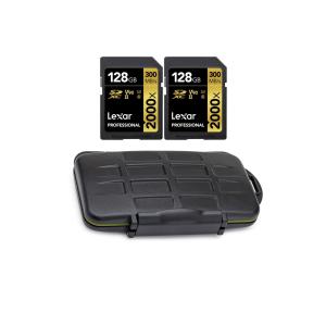 Lexar Pro 2000x SD UHS-II 128GB Memory Card (2-Pack) with Rugged Memory Storage Case in Black