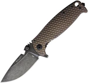 DPx Gear HEST-F Framelock Folding Knife, 3.25 black stonewash finish Bohler M390 stainless, Bronze textured titanium handle, DPHSF015