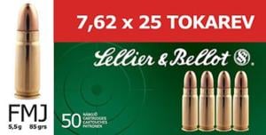 Sellier & Bellot SB762TOK Handgun 7.62x25mm Tokarev 85 Gr Full Metal Jacket FM