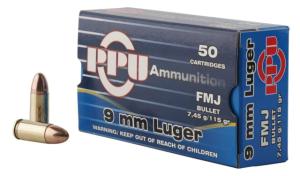 PPU PPH9F1 Handgun 9mm Luger 115 Gr Full Metal Jacket FMJ 50 Bx/ 20 Cs