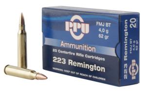 PPU PP223F2 Standard Rifle 223 Rem 62 Gr Full Metal Jacket Boat Tail FMJBT 20