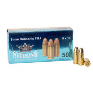 STERLING 9X19MM 147 GRAIN SUBSONIC FMJ 50 ROUND BOX UPC: 8698779954345