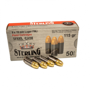 STERLING 9X19MM LUGER FMJ 115 GRAIN STEEL 50 ROUND BOX UPC: 8698779957674