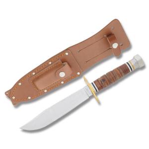 Marble's Jet Pilot's Survival Knife with Stacked Leather Handles and Polished 440A Stainless Steel 6.125" Clip Point Plain Edge Blade Model MR233