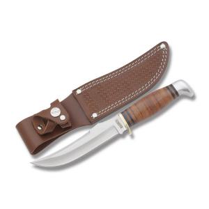 Marbles Large Skinner with Stacked Leather Handles and 440A Stainless Steel 5.625" Clip Point Plain Edge Blade Model MR397
