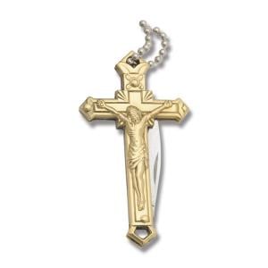 Rough Rider Crucifix Necklace Knife with Brass Handles and 440A Stainless Steel Plain Edge Blades Model RR1497
