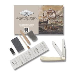 Rough Rider Scrimshaw Trapper 4.125" Kit with Smooth Natural Bone Handles and 440A Stainless Steel Plain Edge Blades Model RR1579