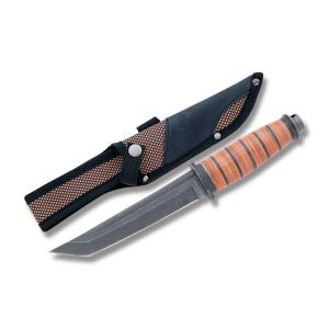 Rough Rider Be Ready Combat Knife with Stacked Leather Handles and Blackwash Finish 440A Stainless Steel 6" Tanto Plain Edge Blades