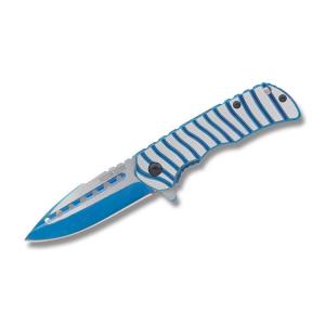 Rough Rider Blue Streak Assisted Opening Frame Lock with Blue and Silver Anodized Aluminum Handles and 440A Stainless Steel 2.875" Drop Point Plain Edge Blades