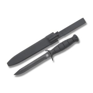 West German Bundeswehr Style Fighting Knife with Black Composition Handles and Black Coated Stainless Steel 6.50" Clip Point Plain Edge Blade Model MI220
