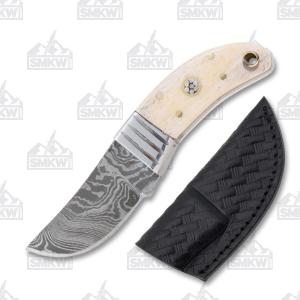 Old Forge Stubby Skinner with Smooth Bone Handles and Damascus Steel 2.625" Clip Point Plain Edge Blades Model 1154