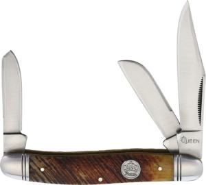 Queen Stockman Sawcut Bone Folding Knife, Satin finish stainless clip, sheepsfoot, and spey , Brown sawcut bone handle, QN014 / KB309
