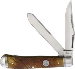 Queen Trapper Sawcut Bone Folding Knife, Satin finish stainless clip and spey blades, Brown sawcut bone handle, QN015 / KC012