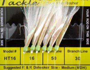 R&R Tackle Sabiki Rig Blue Runner with SS Hook, 50lb Main Line, 30lb Branch Line, White Feathers with Flash Green Gl Heads, 16, 6 Pack, HT-16
