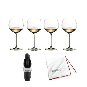 Riedel Veritas Chardonnay Glasses (4-pack) with Polishing Cloth and Wine Pourer with Stopper in Clear